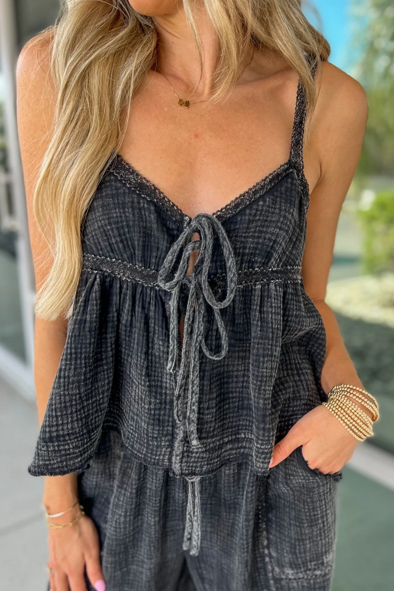 The Luna Tie Front Boho Top ASH BLACK