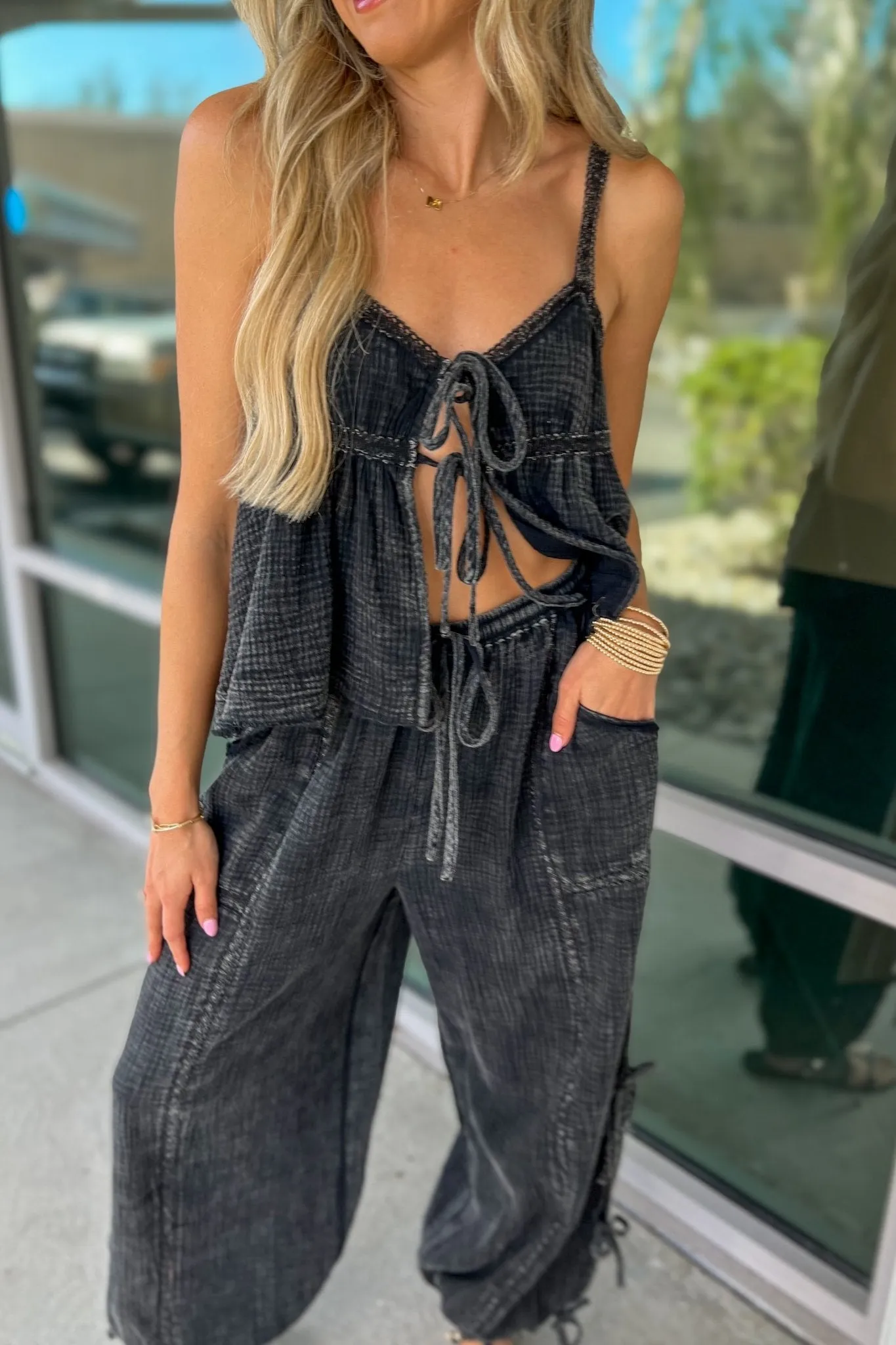 The Luna Tie Front Boho Top ASH BLACK