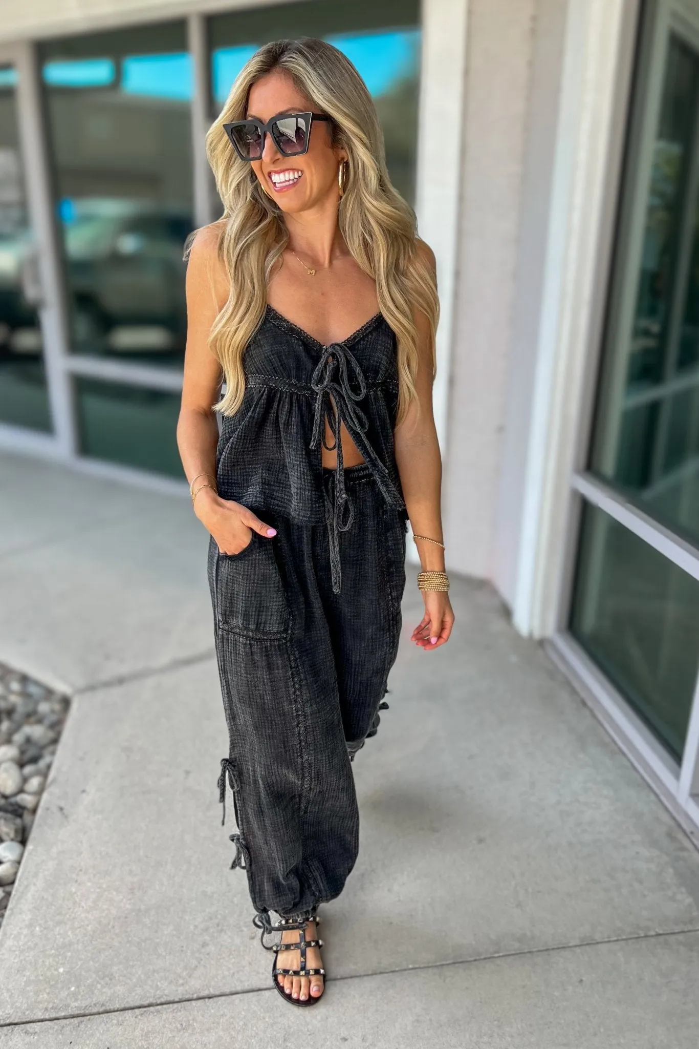 The Luna Tie Front Boho Top ASH BLACK