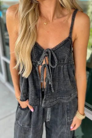 The Luna Tie Front Boho Top ASH BLACK