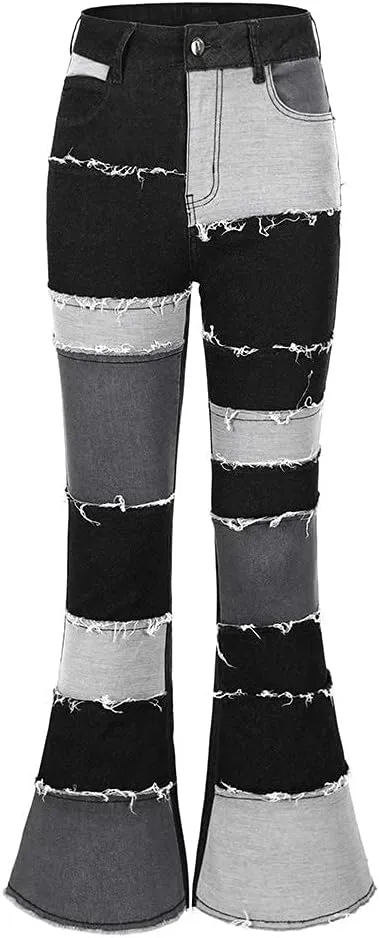 THUNDER STAR Women Patchwork Flare Jeans Stretch High Waisted Bell Bottom Raw Hem Denim Pants