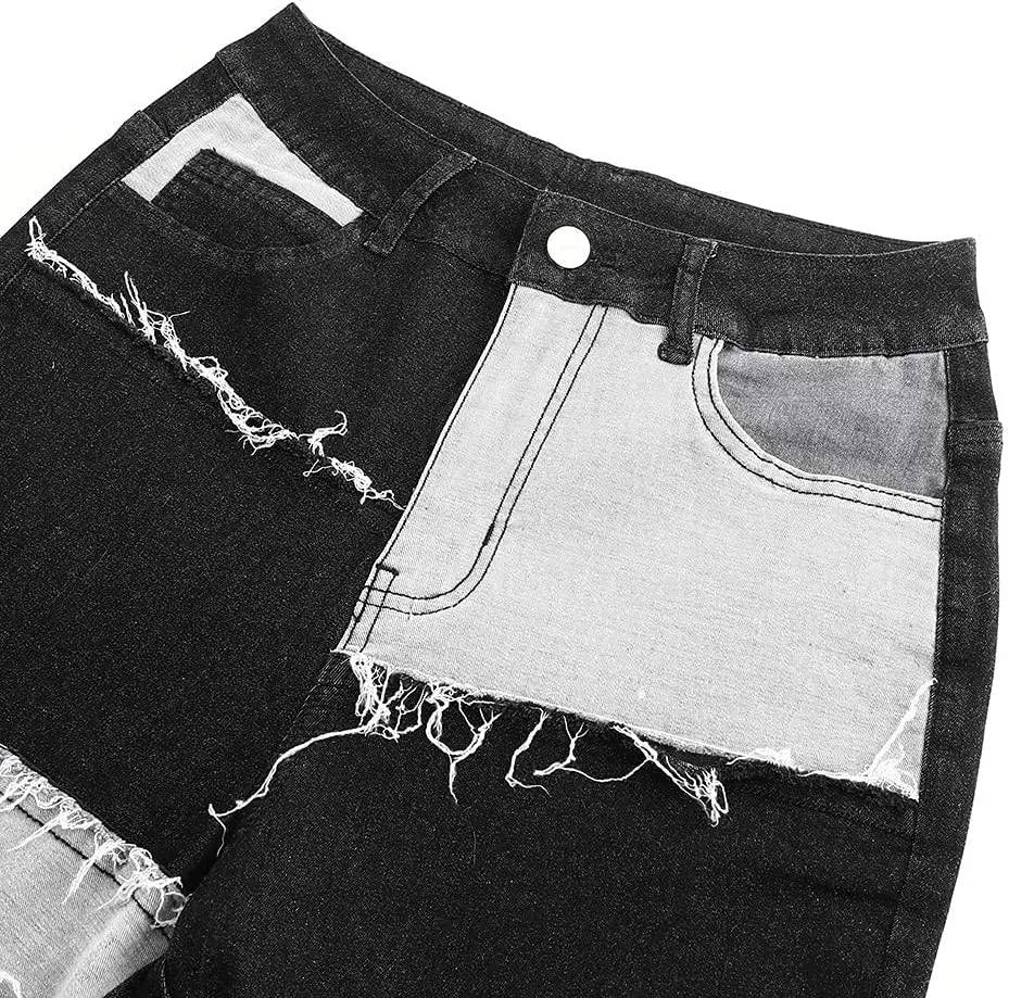 THUNDER STAR Women Patchwork Flare Jeans Stretch High Waisted Bell Bottom Raw Hem Denim Pants
