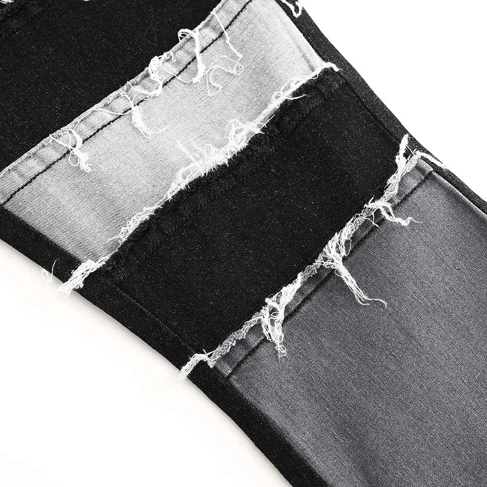 THUNDER STAR Women Patchwork Flare Jeans Stretch High Waisted Bell Bottom Raw Hem Denim Pants