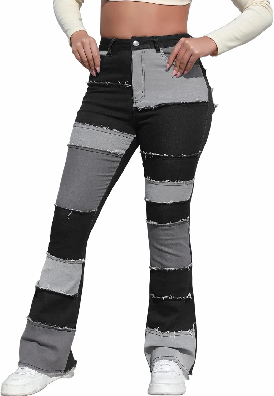 THUNDER STAR Women Patchwork Flare Jeans Stretch High Waisted Bell Bottom Raw Hem Denim Pants