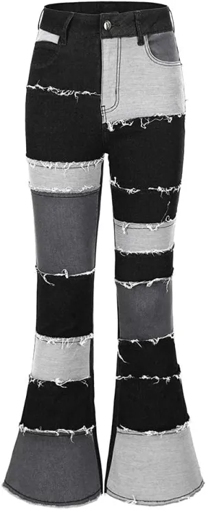 THUNDER STAR Women Patchwork Flare Jeans Stretch High Waisted Bell Bottom Raw Hem Denim Pants