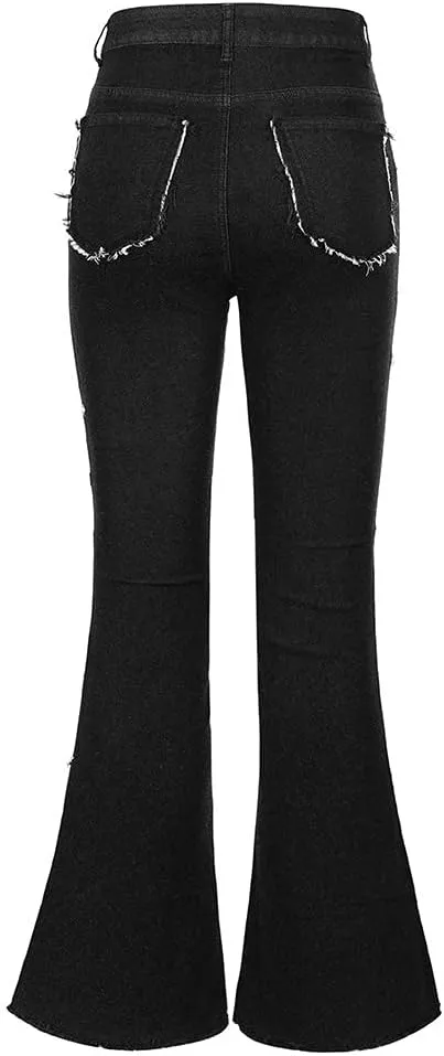 THUNDER STAR Women Patchwork Flare Jeans Stretch High Waisted Bell Bottom Raw Hem Denim Pants