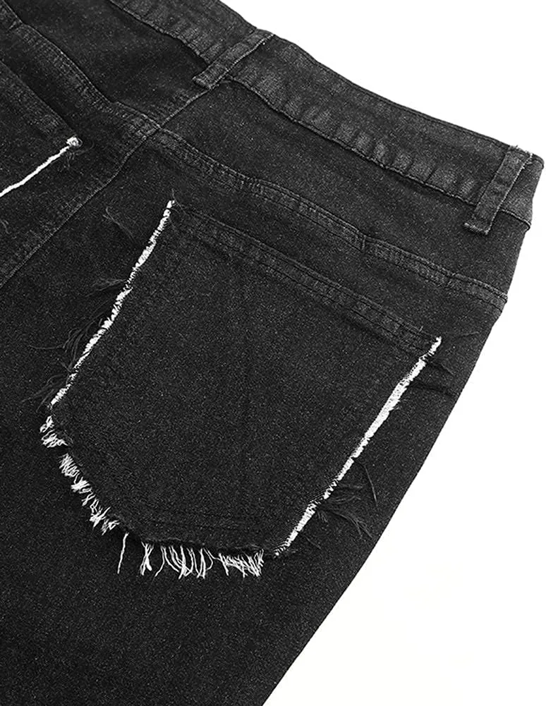 THUNDER STAR Women Patchwork Flare Jeans Stretch High Waisted Bell Bottom Raw Hem Denim Pants