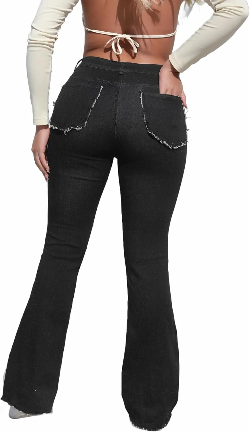 THUNDER STAR Women Patchwork Flare Jeans Stretch High Waisted Bell Bottom Raw Hem Denim Pants