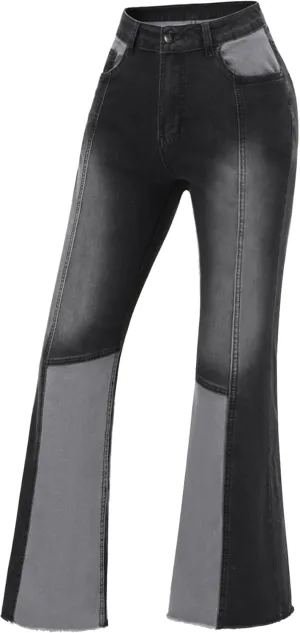 THUNDER STAR Women Patchwork Flare Jeans Stretch High Waisted Bell Bottom Raw Hem Denim Pants