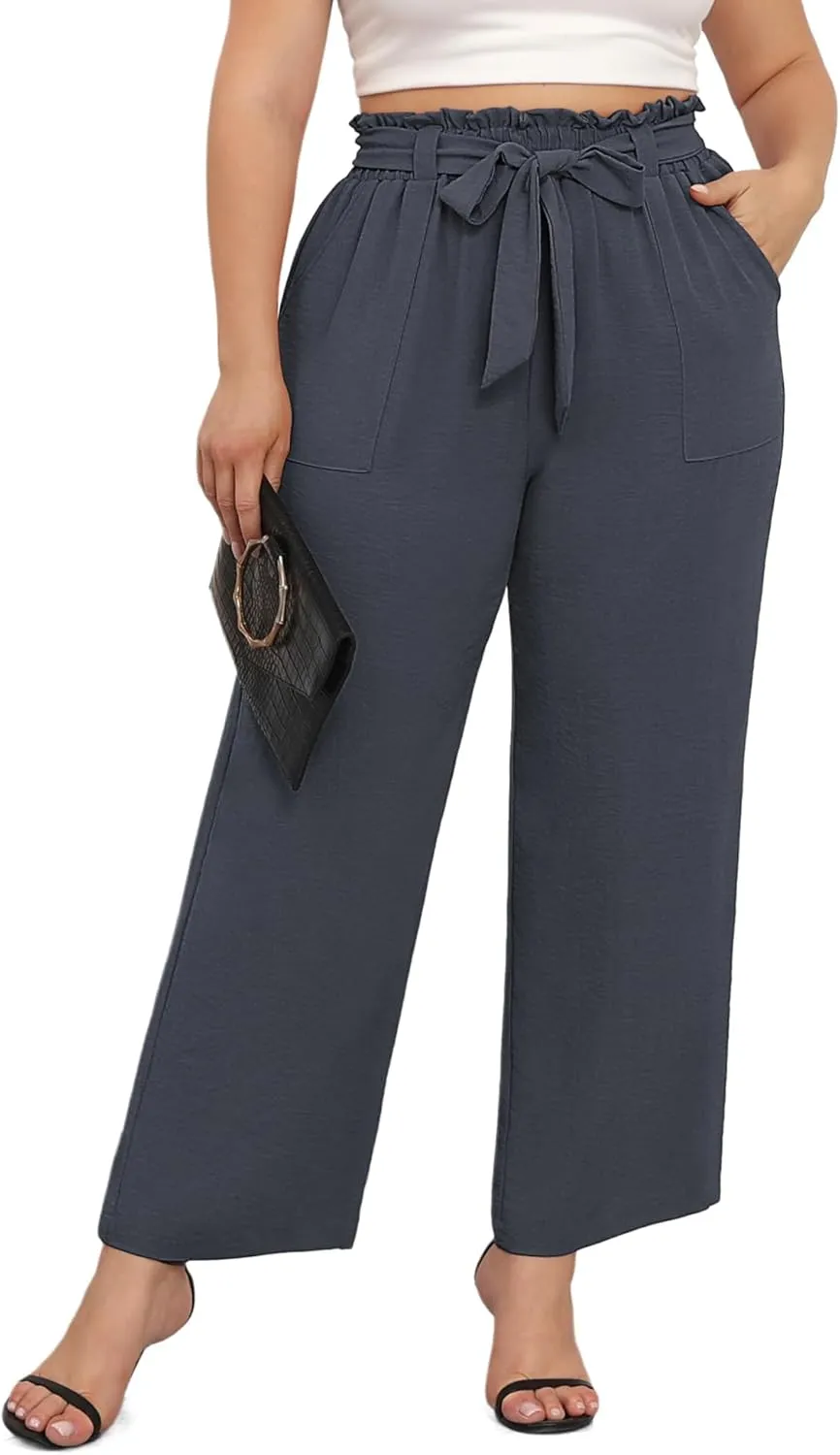 TIANZHU Plus Size Pants for Women - Wide Leg Linen Pants High Waisted Flowy Casual Lounge Trousers with Pockets
