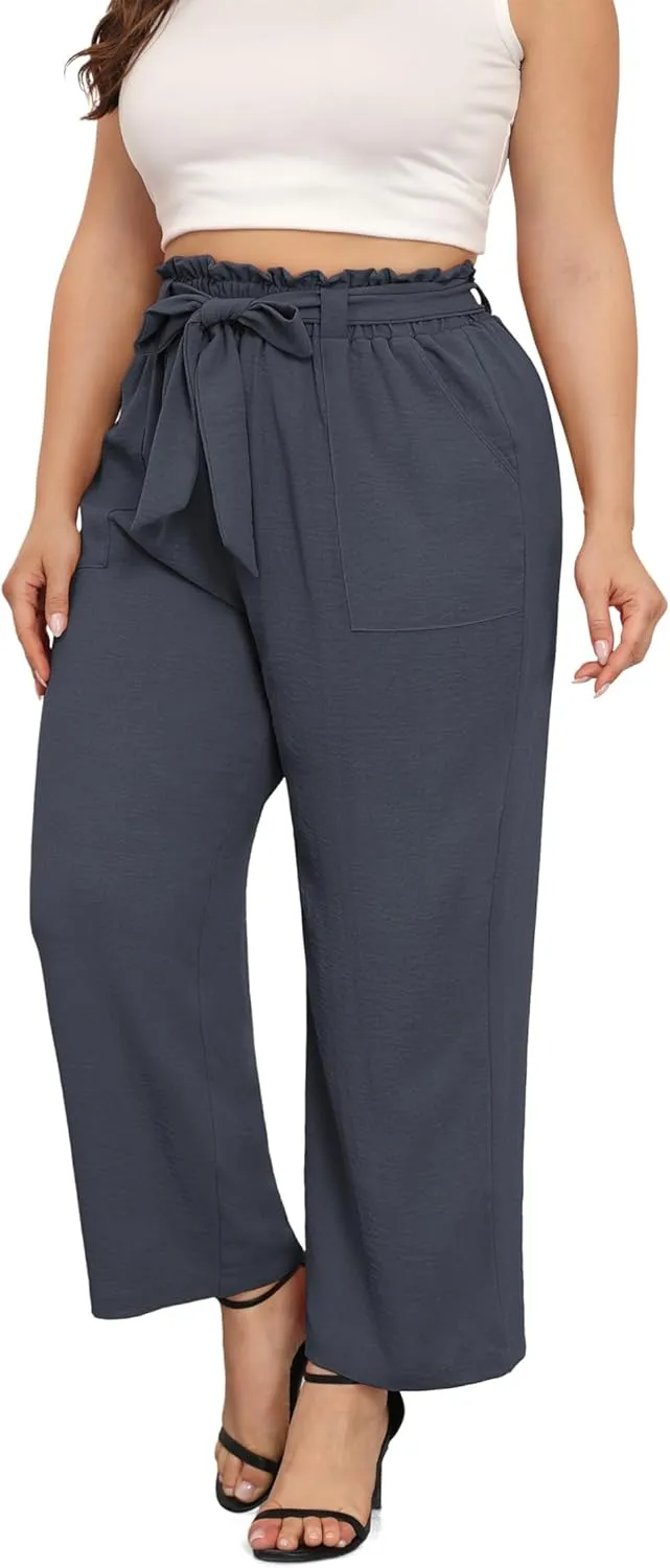 TIANZHU Plus Size Pants for Women - Wide Leg Linen Pants High Waisted Flowy Casual Lounge Trousers with Pockets