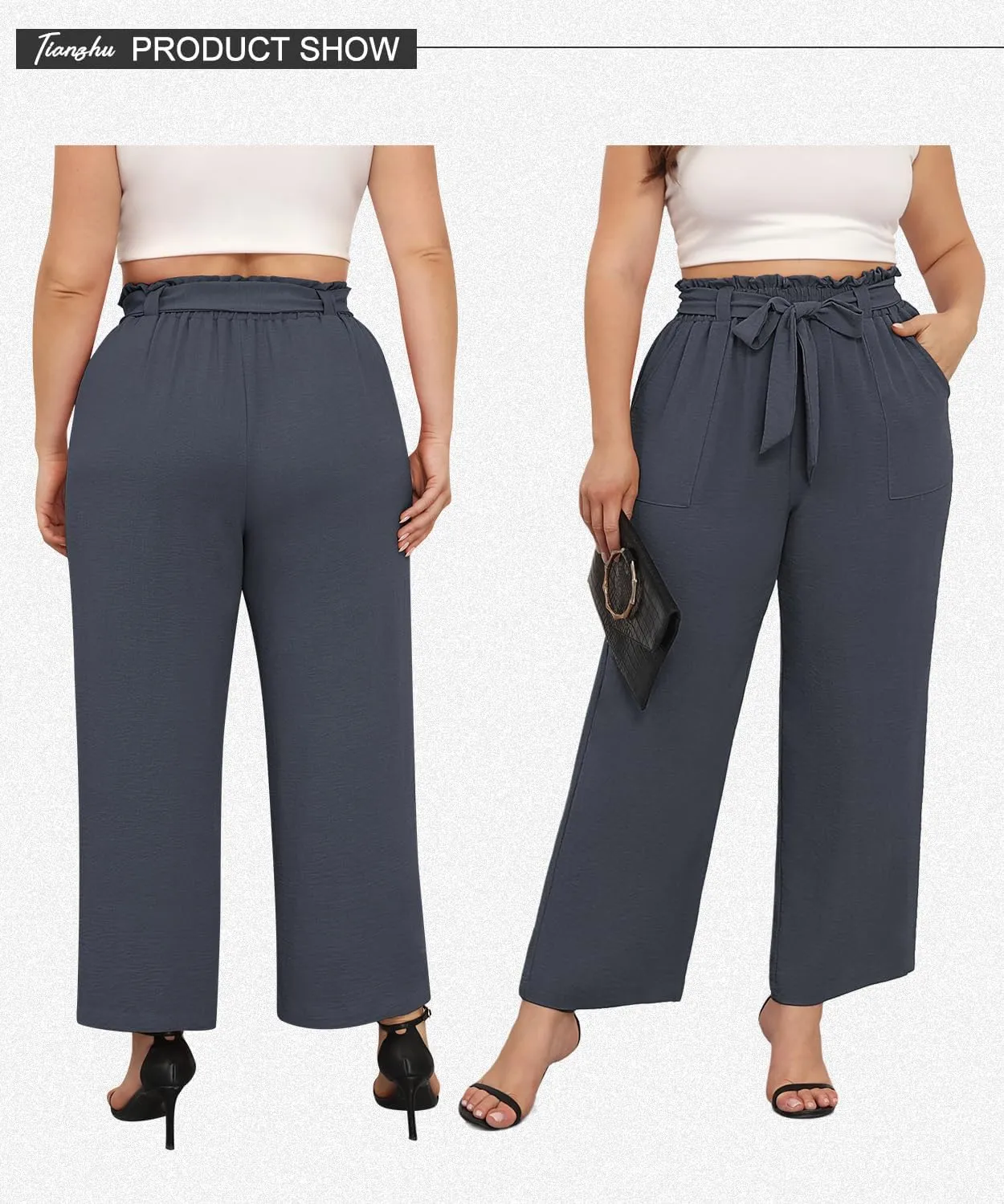 TIANZHU Plus Size Pants for Women - Wide Leg Linen Pants High Waisted Flowy Casual Lounge Trousers with Pockets