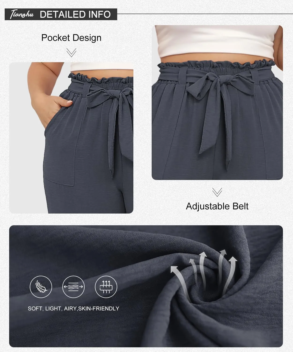 TIANZHU Plus Size Pants for Women - Wide Leg Linen Pants High Waisted Flowy Casual Lounge Trousers with Pockets