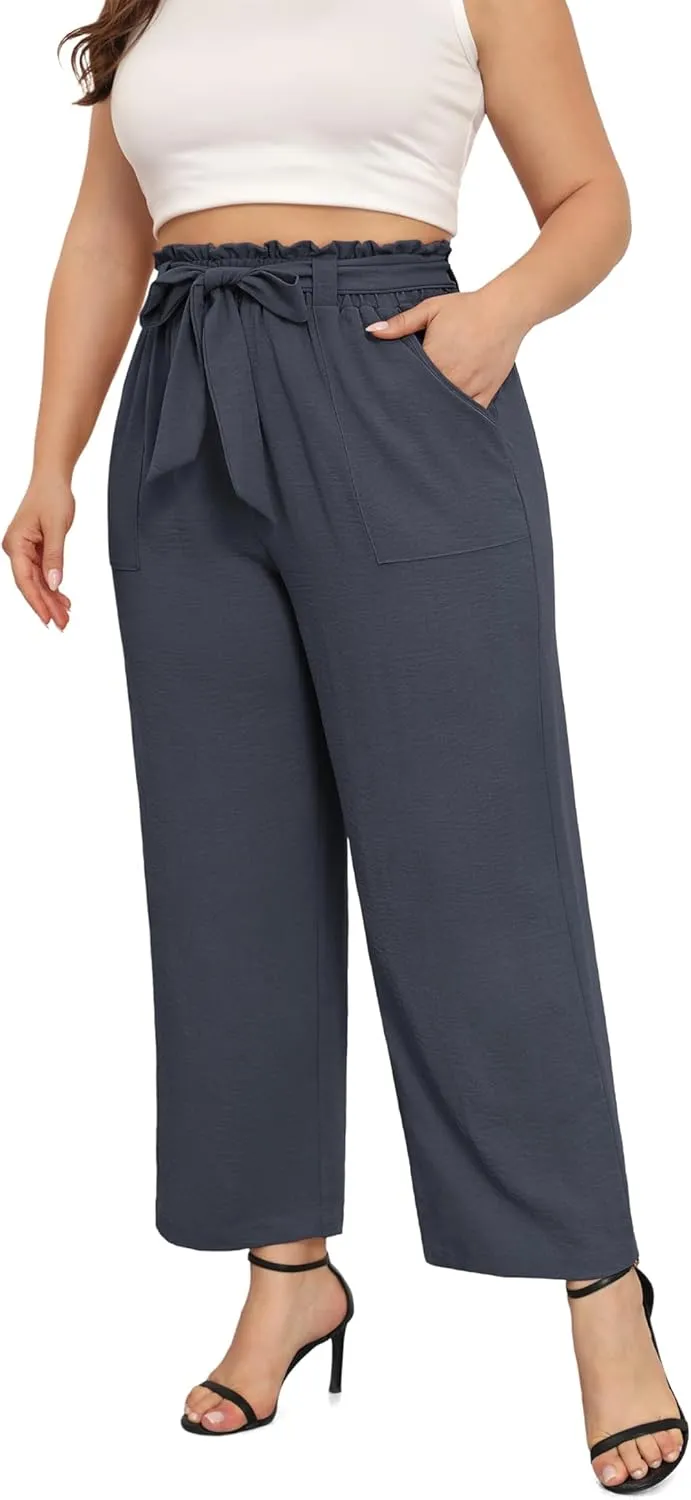 TIANZHU Plus Size Pants for Women - Wide Leg Linen Pants High Waisted Flowy Casual Lounge Trousers with Pockets