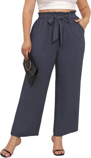 TIANZHU Plus Size Pants for Women - Wide Leg Linen Pants High Waisted Flowy Casual Lounge Trousers with Pockets