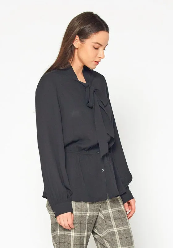 Tie Neck Button Down Peplum Blouse in XS-XL Pack