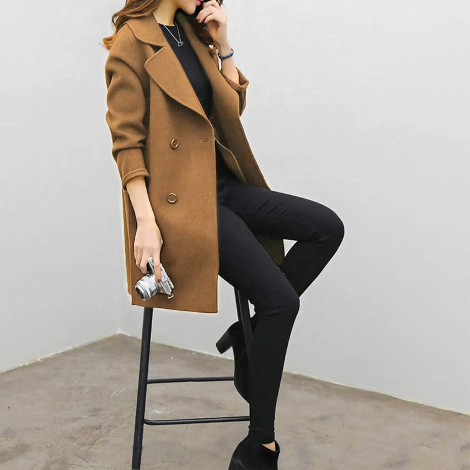 TIMIFIS Wool Coats for Women Winter Plus Size Trench Coat Casual Lapel Button Long Jacket Solid Color Soft Warm Outerwear