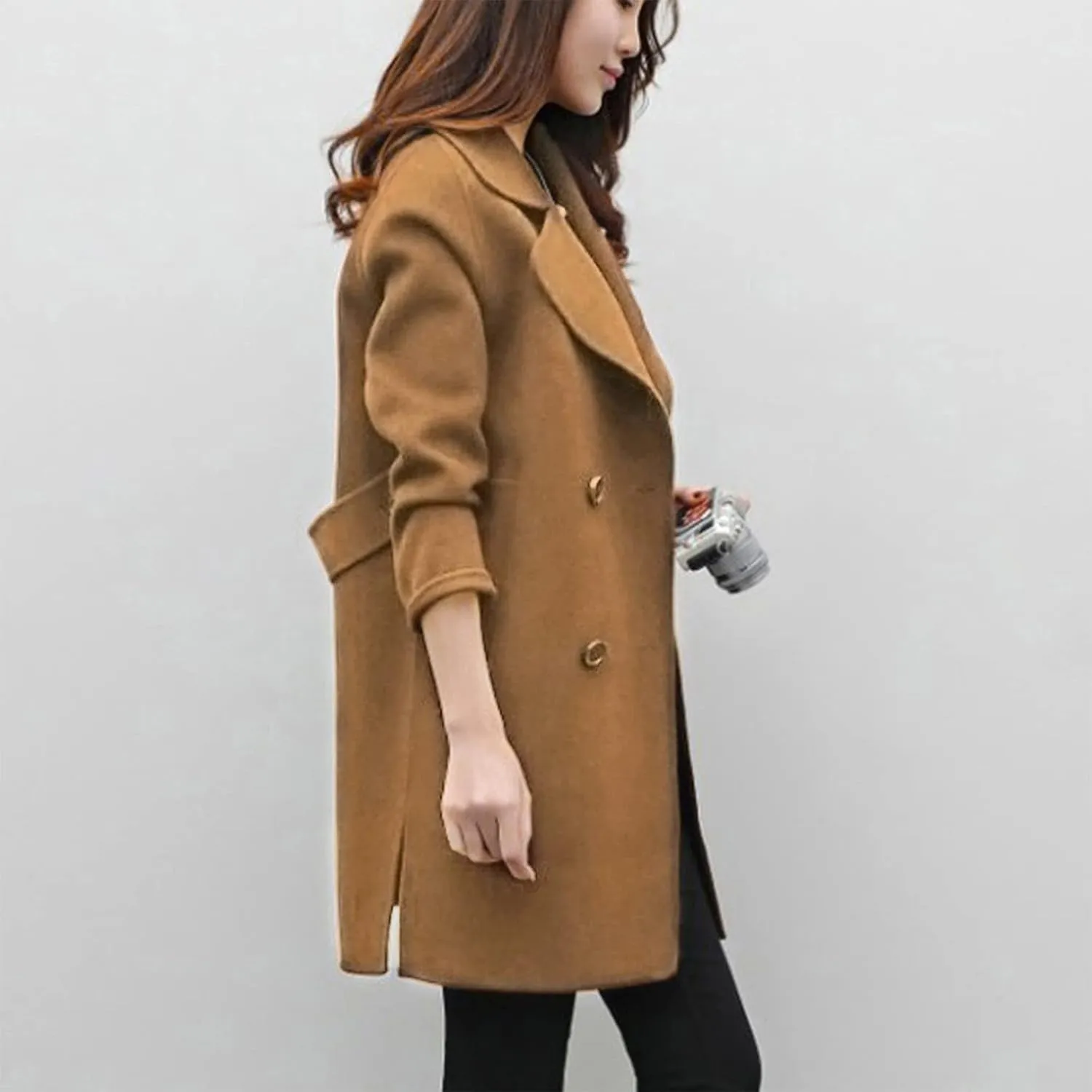 TIMIFIS Wool Coats for Women Winter Plus Size Trench Coat Casual Lapel Button Long Jacket Solid Color Soft Warm Outerwear