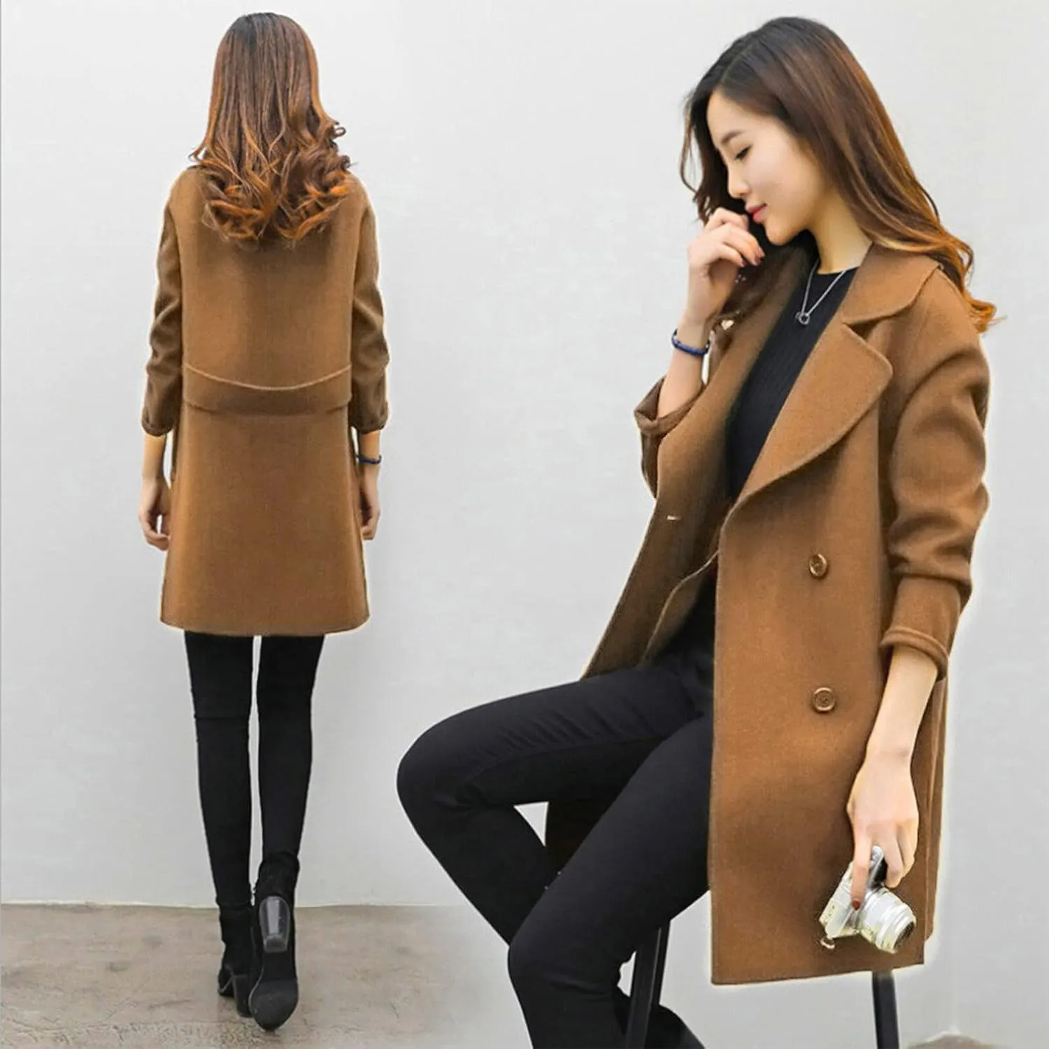 TIMIFIS Wool Coats for Women Winter Plus Size Trench Coat Casual Lapel Button Long Jacket Solid Color Soft Warm Outerwear