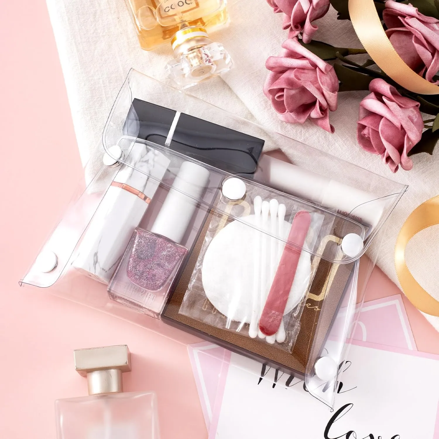 Transparent Makeup Bag, Large Waterproof PVC Cosmetic Pouch Case, Multifunctional Clear Travel Organizer with Snap Closure for Lipstick Facial Cleanser Shampoo Stationery Storage