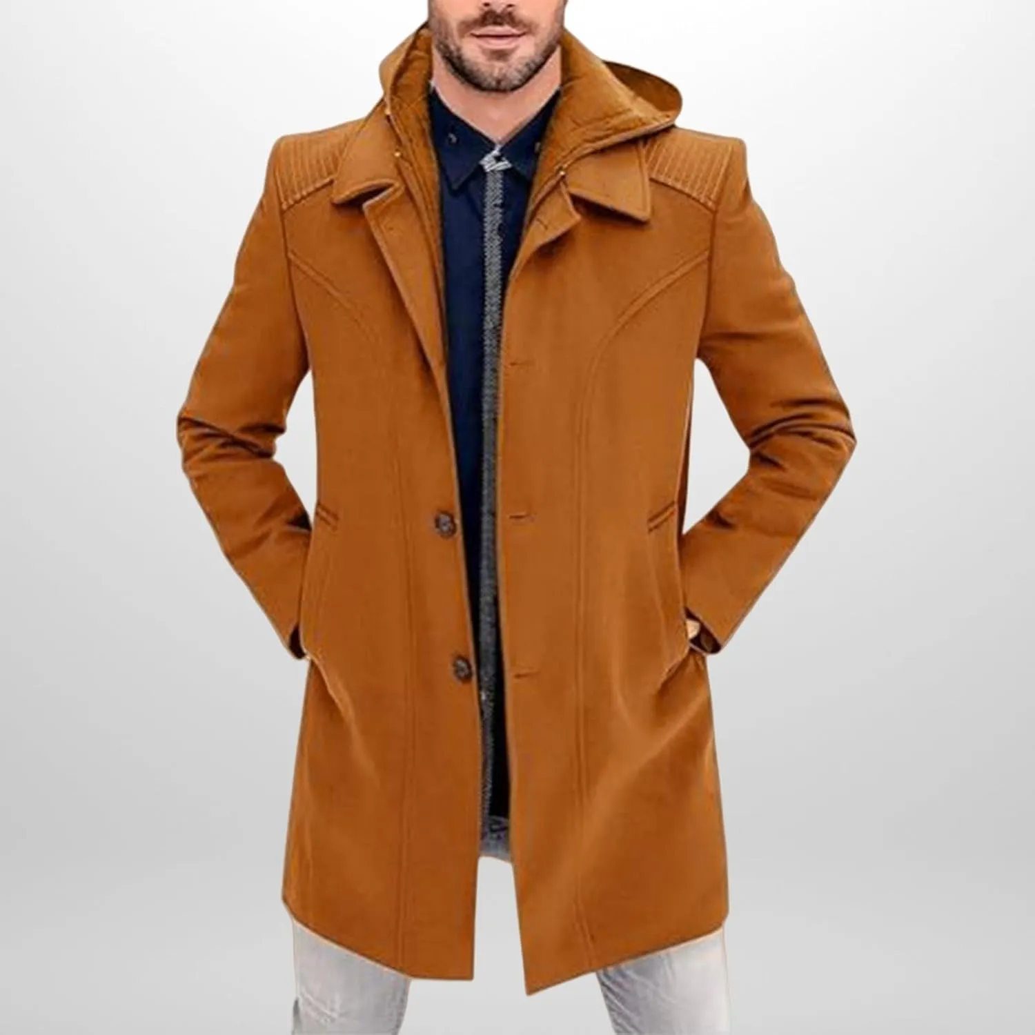 Trench Coat Mens Fall Winter Slim Fit Casual Single Breasted Coat Mid-Length Thermal Business Peacoat Warm Soft Jacket