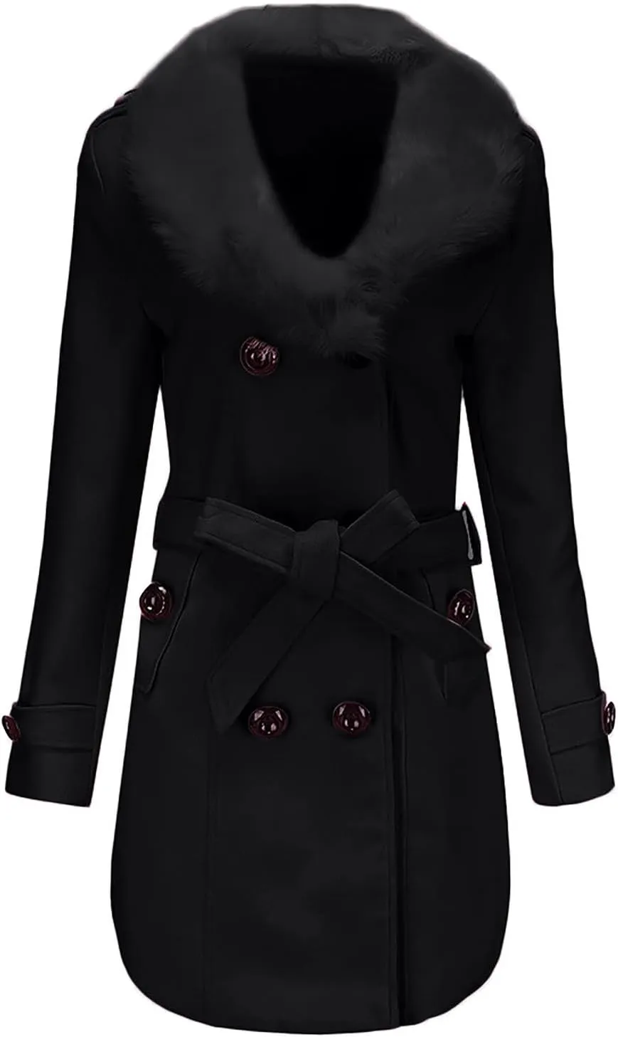 tuduoms Women Fashion Faux Fur Collar Trench Coat Double-Breasted Wool Blend Pea Coat Long Slim Jacket Windbeaker Dress Coats