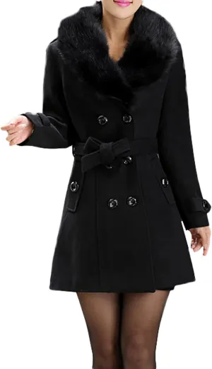 tuduoms Women Fashion Faux Fur Collar Trench Coat Double-Breasted Wool Blend Pea Coat Long Slim Jacket Windbeaker Dress Coats
