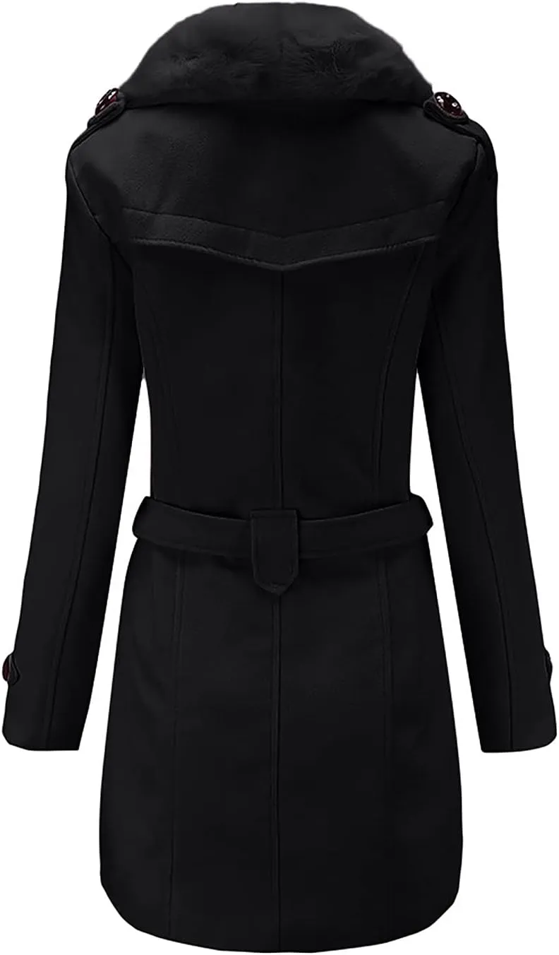 tuduoms Women Fashion Faux Fur Collar Trench Coat Double-Breasted Wool Blend Pea Coat Long Slim Jacket Windbeaker Dress Coats