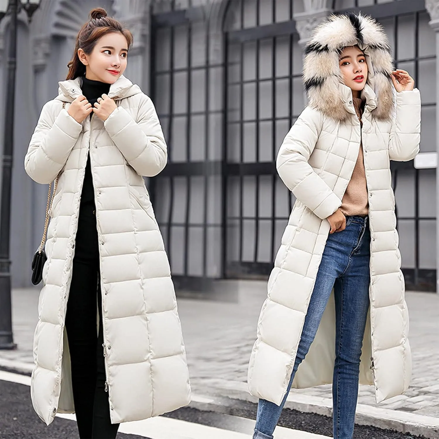 tuduoms Women's Winter over Knee Coats Maxi Hooded Slim Puffer Down Coat Cotton Padded Quilted Zip Long Snow Jacket Outwear