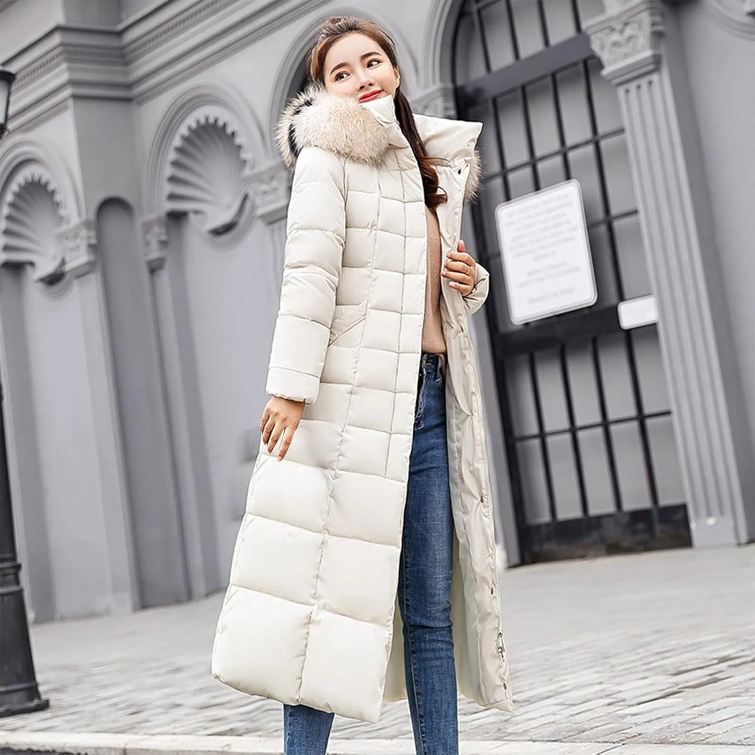tuduoms Women's Winter over Knee Coats Maxi Hooded Slim Puffer Down Coat Cotton Padded Quilted Zip Long Snow Jacket Outwear