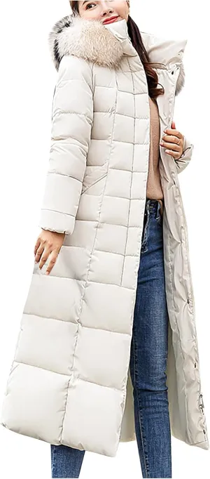 tuduoms Women's Winter over Knee Coats Maxi Hooded Slim Puffer Down Coat Cotton Padded Quilted Zip Long Snow Jacket Outwear