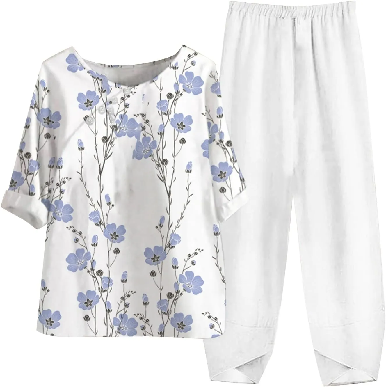 Two Piece Outfits for Women 2025 Women's Casual Linen Button Shirt High Waist Loose Curvy Straight Leg Pant
