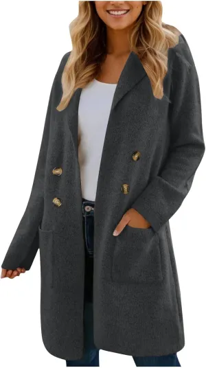 Uillui Womens Classic Thicken Pea Coat Casual Elegant Overcoat Single Breasted Winter Coat Wool Dress Coat Long Trench Coats