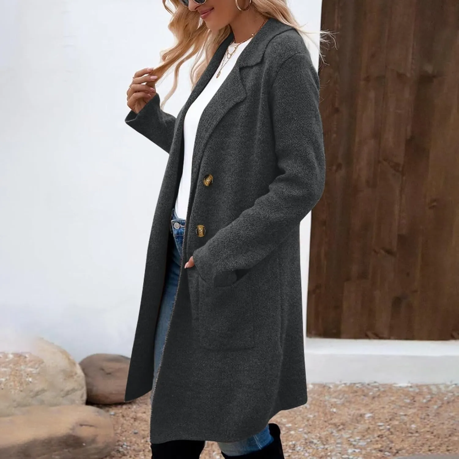 Uillui Womens Classic Thicken Pea Coat Casual Elegant Overcoat Single Breasted Winter Coat Wool Dress Coat Long Trench Coats