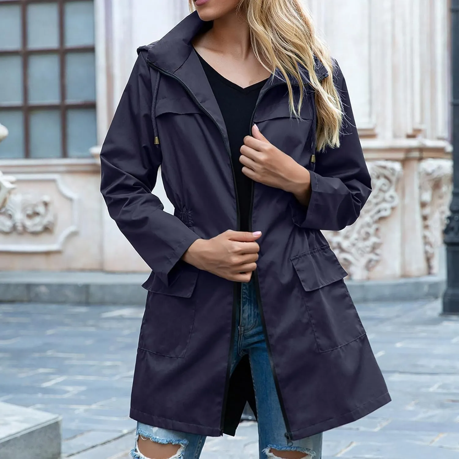 Uillui Womens Lightweight Hooded Trench Coat Waterproof Active Outdoor Rain Jacket Solid Color Mid-Length Windbreaker Jacket