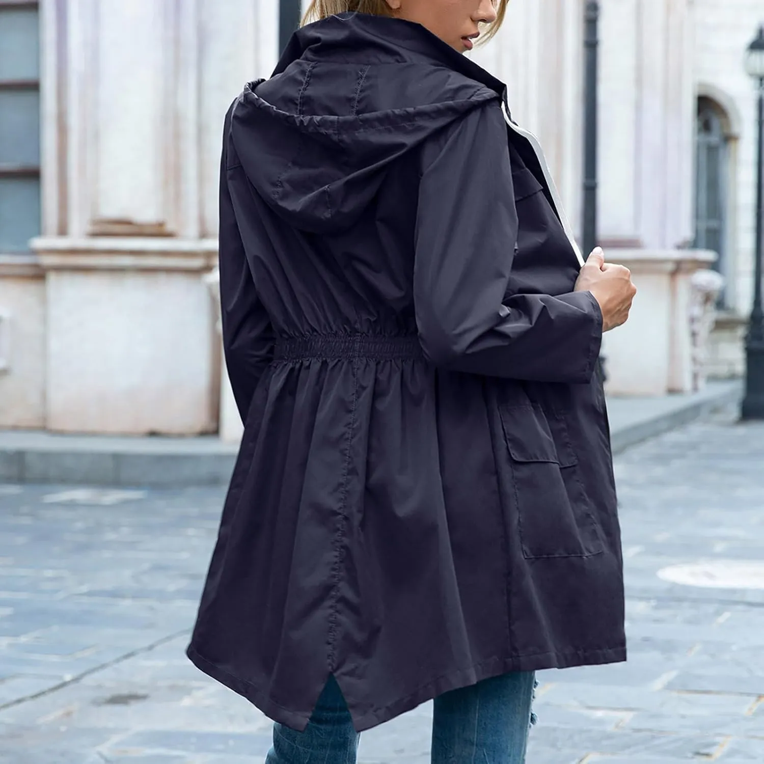 Uillui Womens Lightweight Hooded Trench Coat Waterproof Active Outdoor Rain Jacket Solid Color Mid-Length Windbreaker Jacket