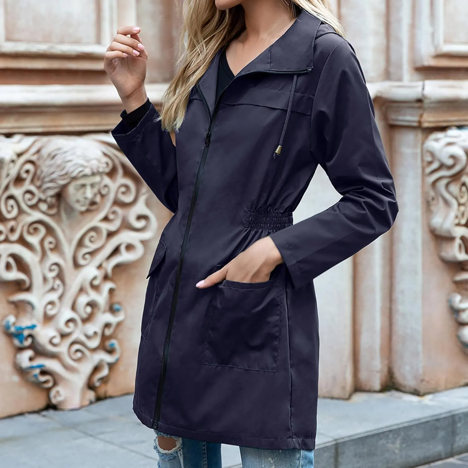 Uillui Womens Lightweight Hooded Trench Coat Waterproof Active Outdoor Rain Jacket Solid Color Mid-Length Windbreaker Jacket