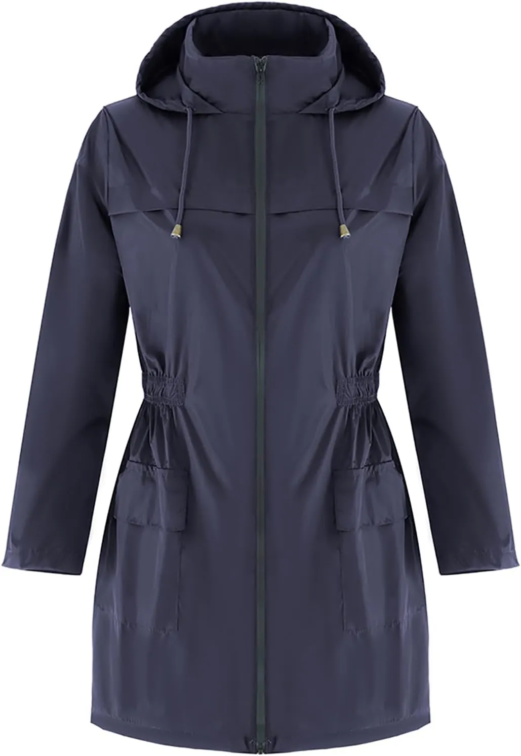 Uillui Womens Lightweight Hooded Trench Coat Waterproof Active Outdoor Rain Jacket Solid Color Mid-Length Windbreaker Jacket
