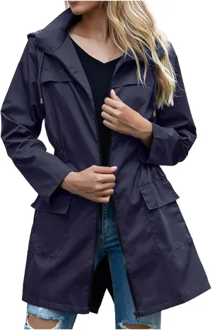 Uillui Womens Lightweight Hooded Trench Coat Waterproof Active Outdoor Rain Jacket Solid Color Mid-Length Windbreaker Jacket