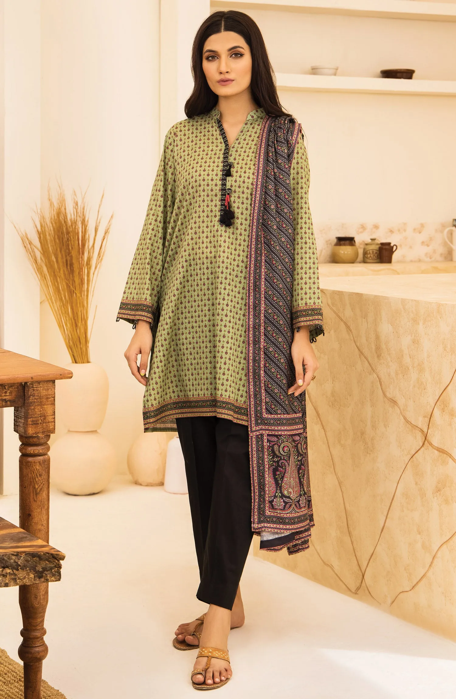 Unstitched 2 Piece Printed Khaddar Shirt and Acrylic Shawl Dupatta (NRDS-348/U GREEN)