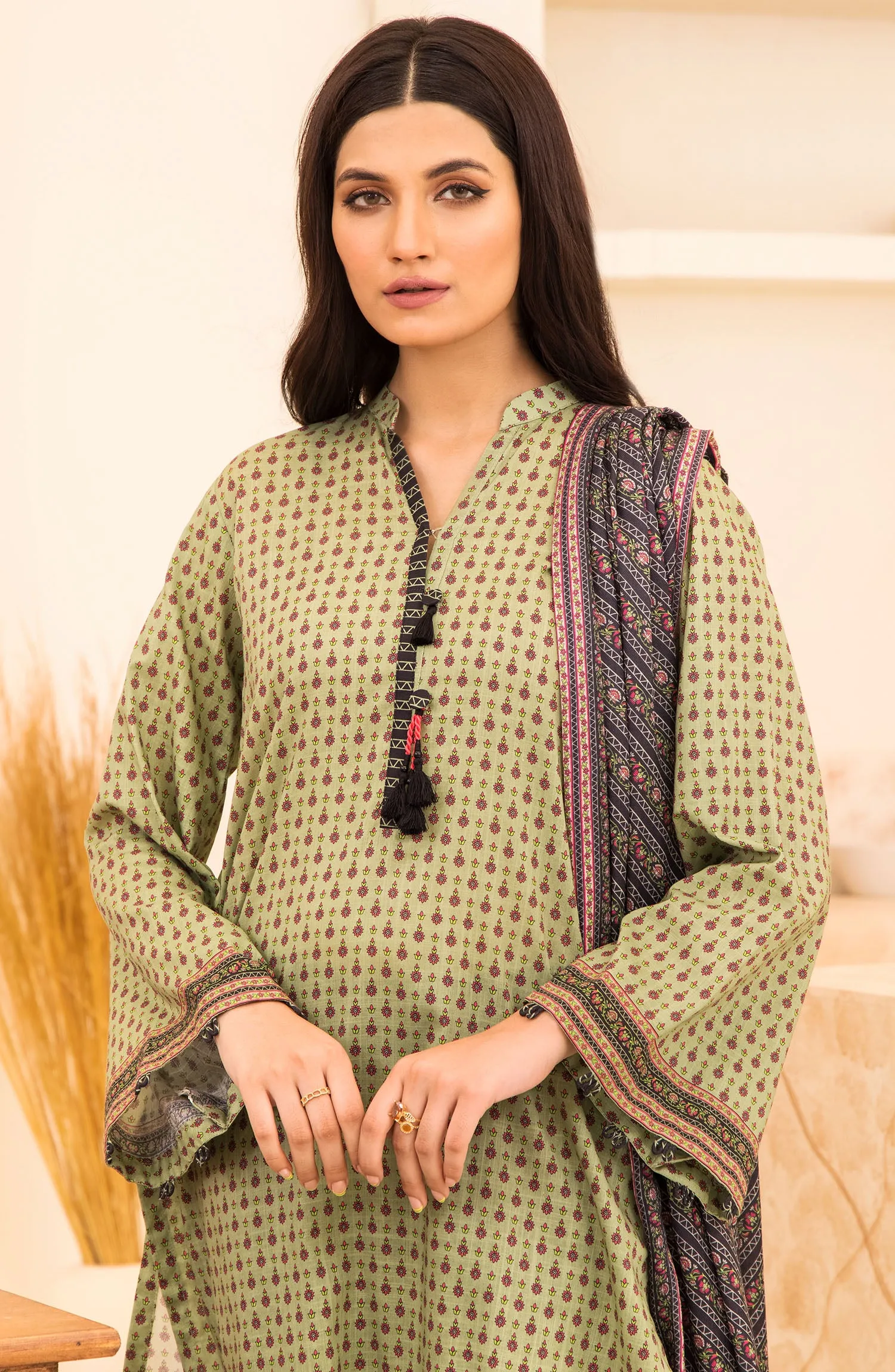 Unstitched 2 Piece Printed Khaddar Shirt and Acrylic Shawl Dupatta (NRDS-348/U GREEN)
