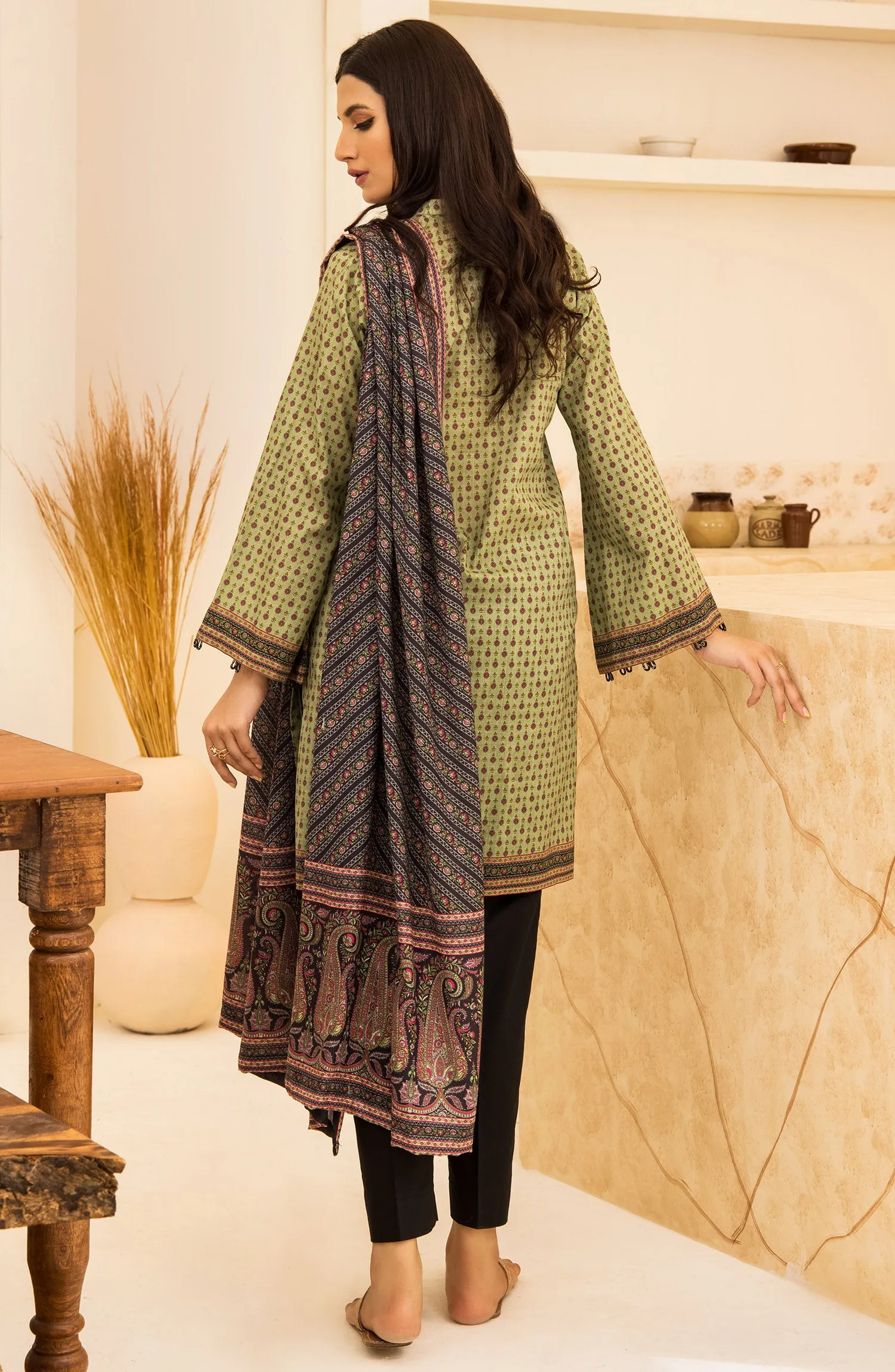Unstitched 2 Piece Printed Khaddar Shirt and Acrylic Shawl Dupatta (NRDS-348/U GREEN)