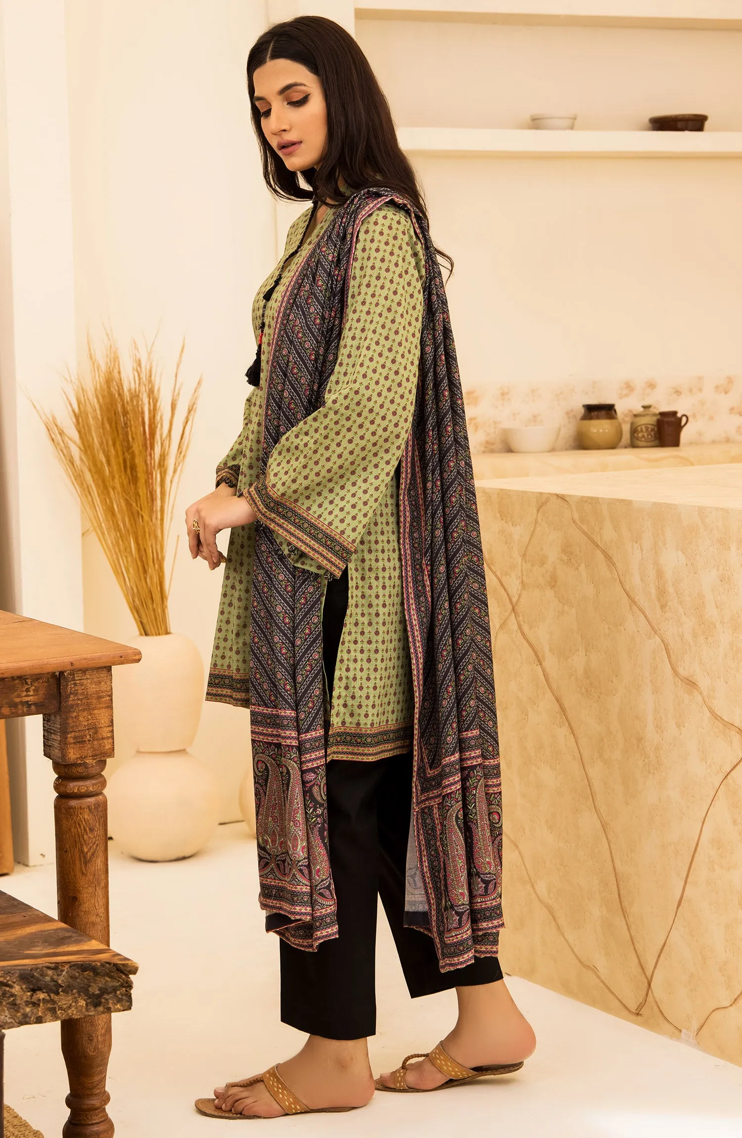 Unstitched 2 Piece Printed Khaddar Shirt and Acrylic Shawl Dupatta (NRDS-348/U GREEN)