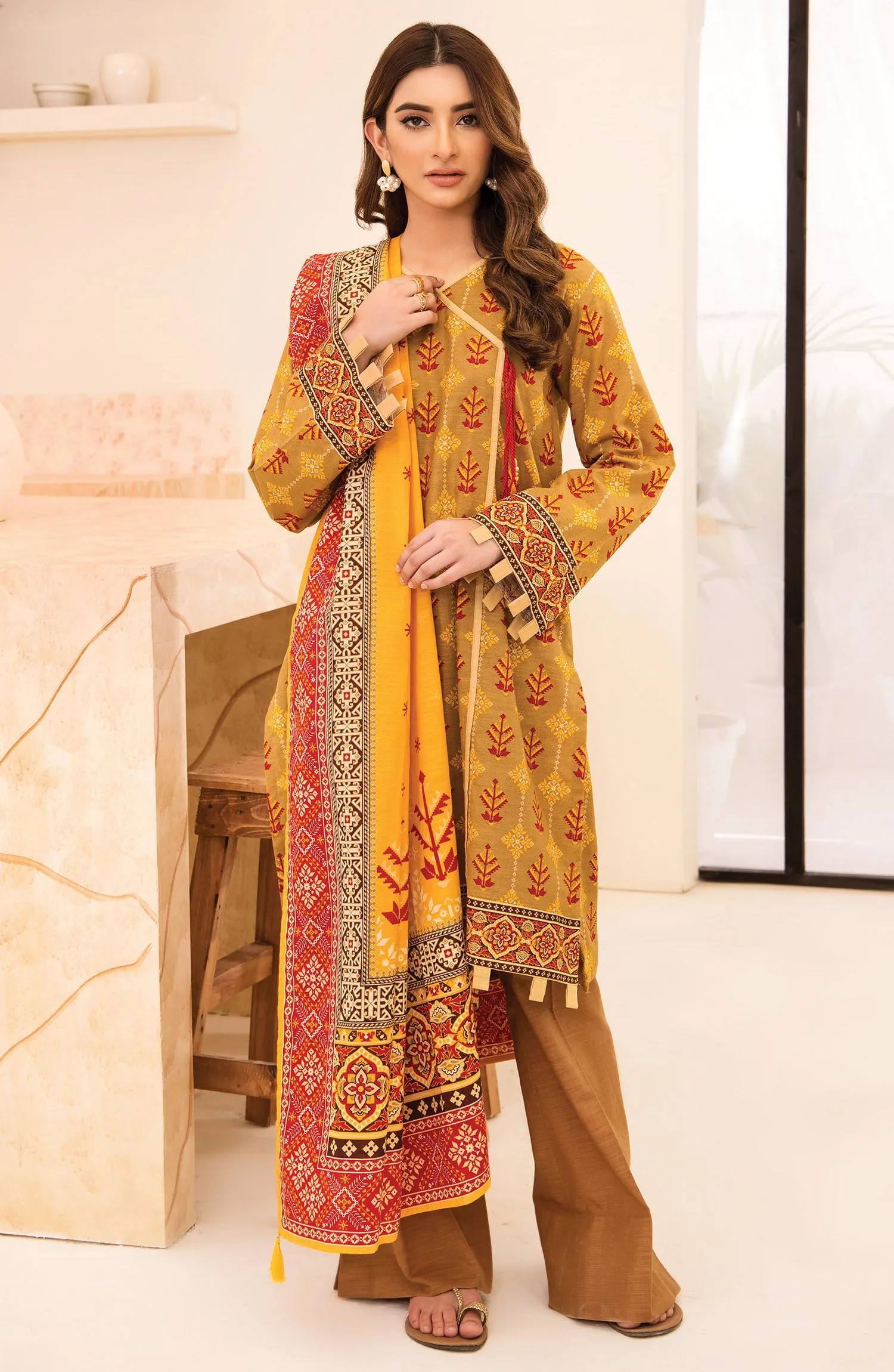 Unstitched 3 Piece Printed Khaddar Shirt, Pant and Khaddar Shawl Dupatta (OTL-21-311/U BEIGE)
