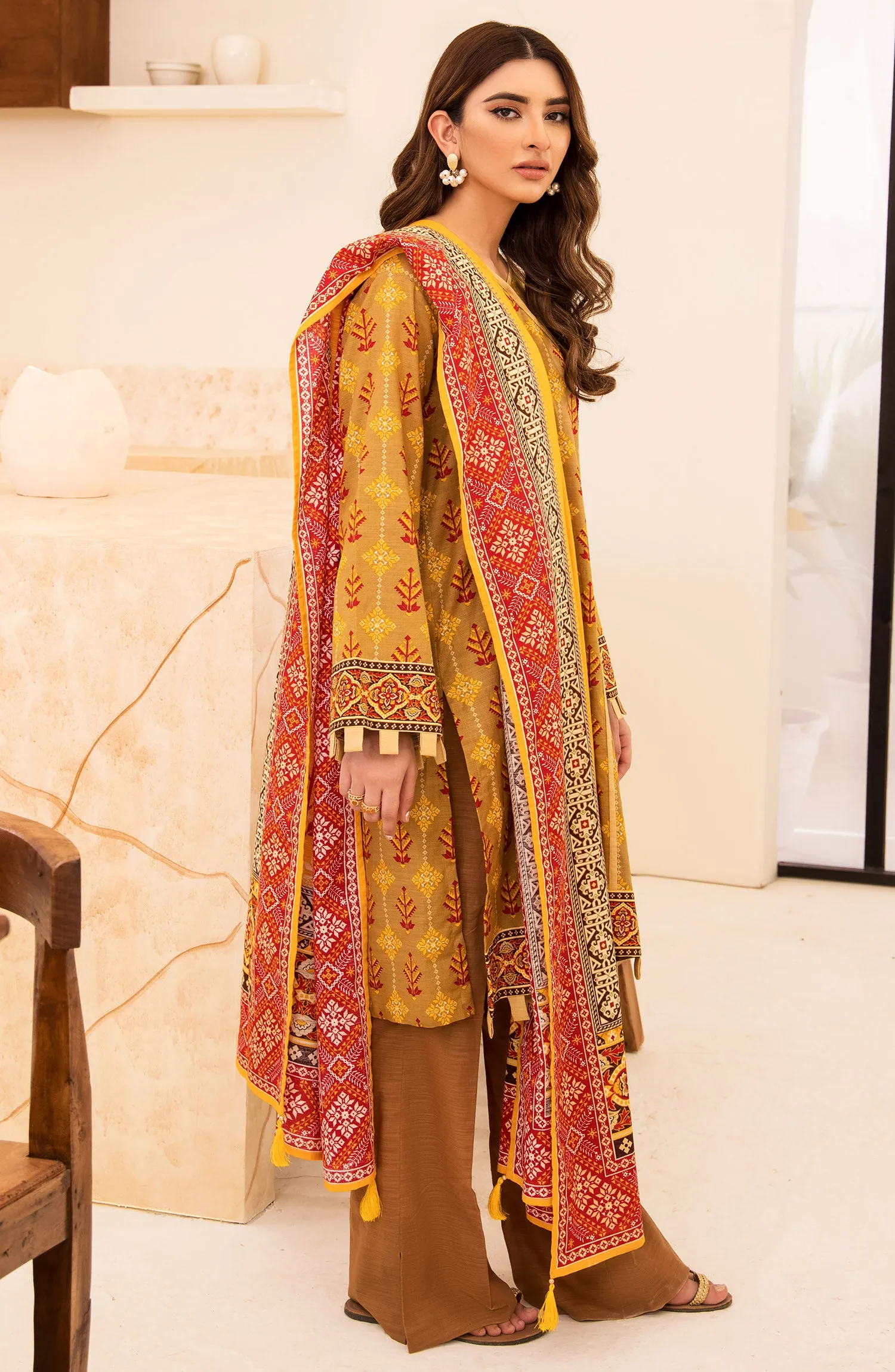 Unstitched 3 Piece Printed Khaddar Shirt, Pant and Khaddar Shawl Dupatta (OTL-21-311/U BEIGE)
