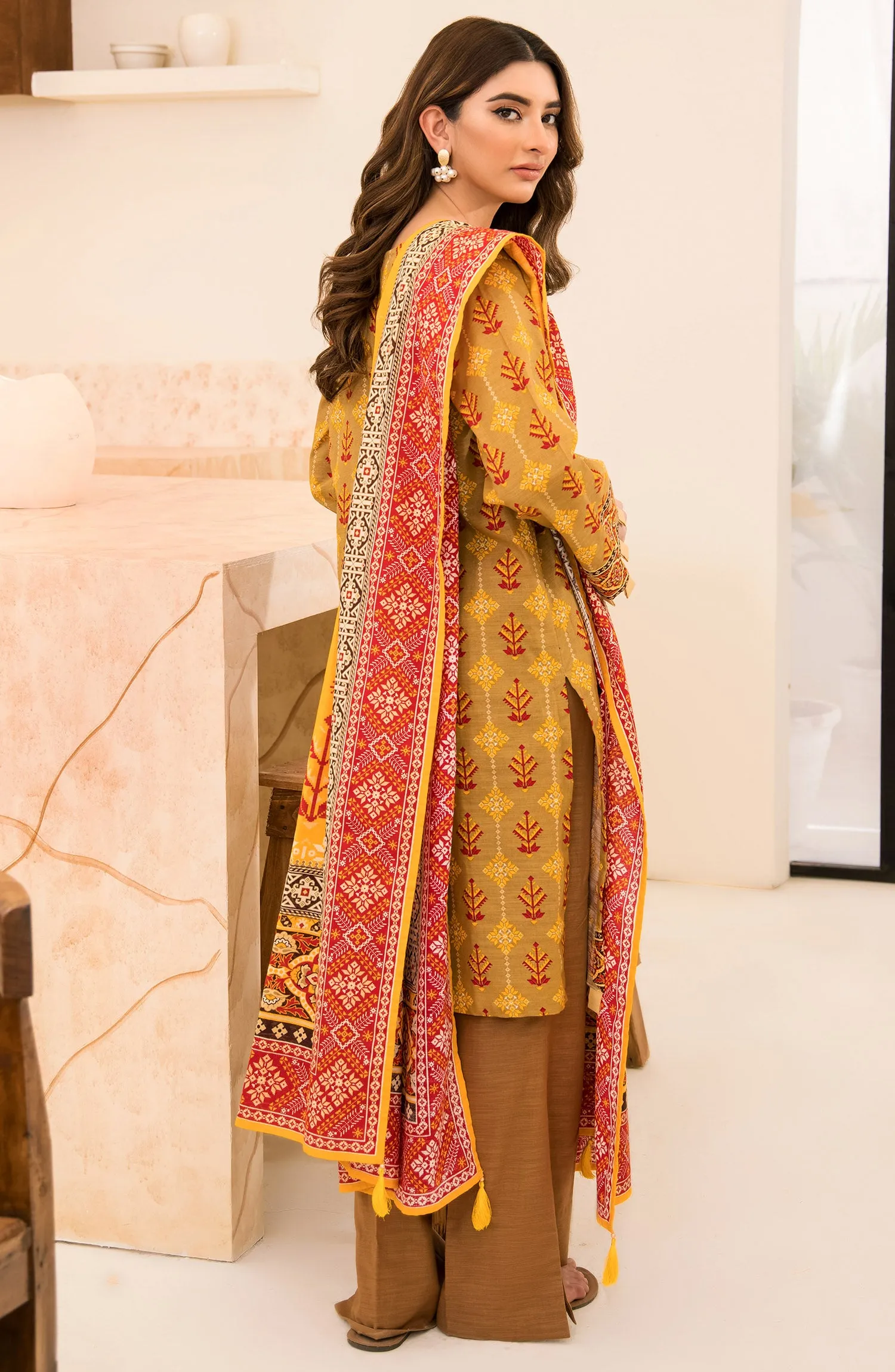 Unstitched 3 Piece Printed Khaddar Shirt, Pant and Khaddar Shawl Dupatta (OTL-21-311/U BEIGE)