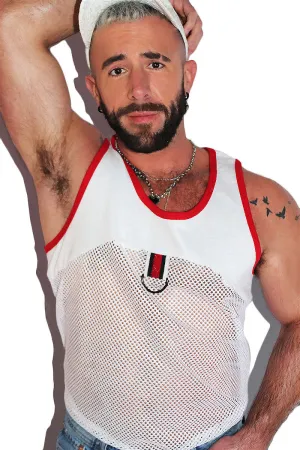 Utility Mesh Red Harness Racerback Tank- White