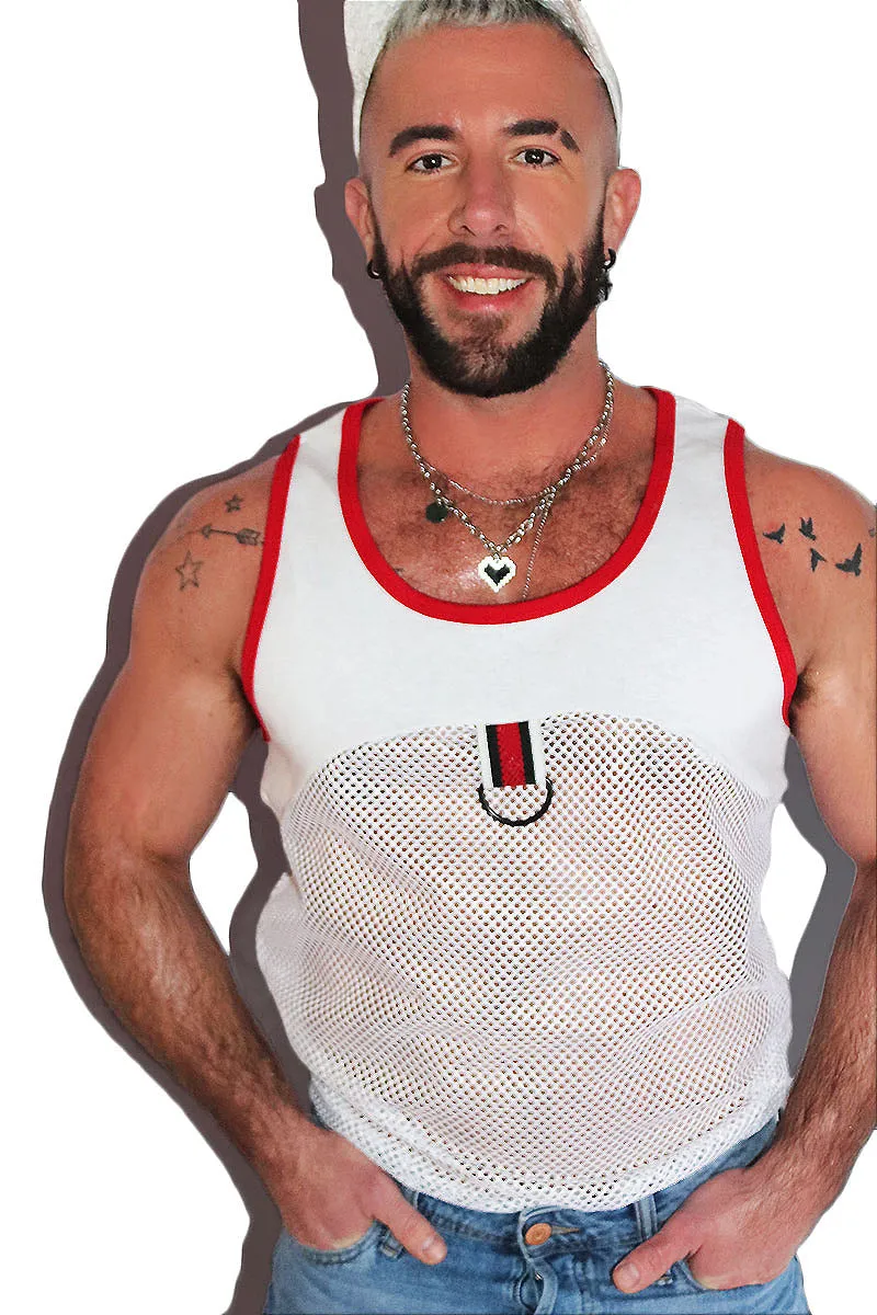 Utility Mesh Red Harness Racerback Tank- White