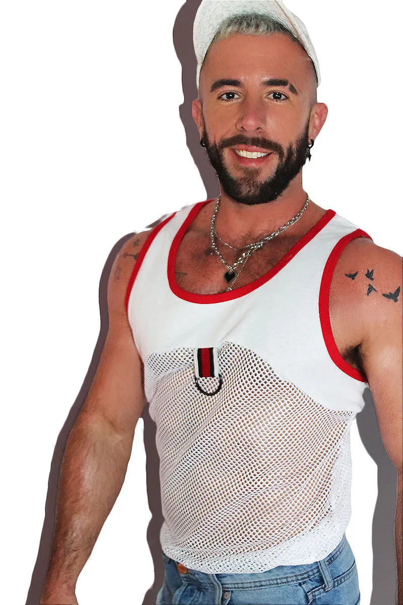 Utility Mesh Red Harness Racerback Tank- White
