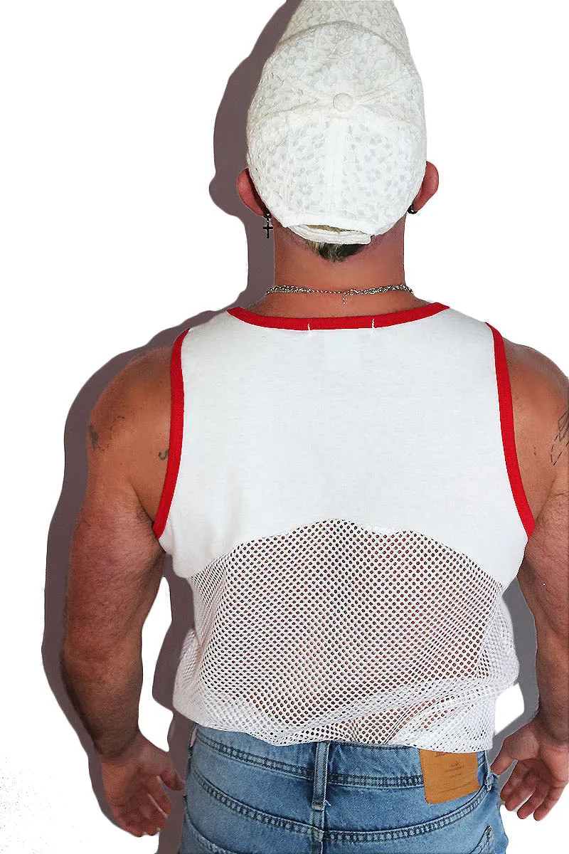 Utility Mesh Red Harness Racerback Tank- White